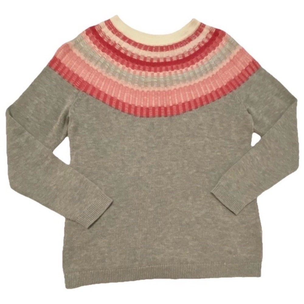 Talbots Pink & Grey Rib Yoke Fair Isle Crewneck PM Sweater - Picture 2 of 8